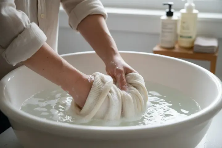 Mani che lavano delicatamente un maglione di cashmere in una bacinella, facendo attenzione che il cashmere si restringe se trattato male.