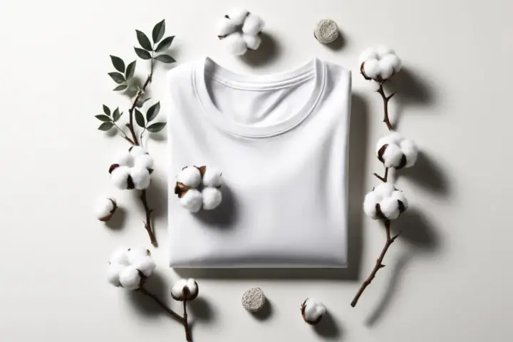 Maglietta bianca in cotone eco, circondata da rametti di cotone e foglie. Perfetta per un lavaggio in lavatrice delicato.
