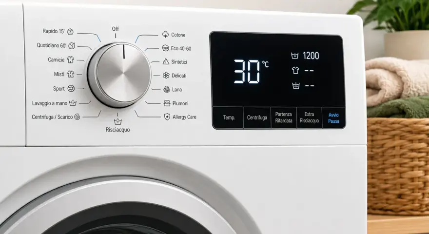 Pannello di controllo lavatrice con display digitale che mostra 30°C e 1200 giri. Selezionato il programma "lavaggio 30 gradi".