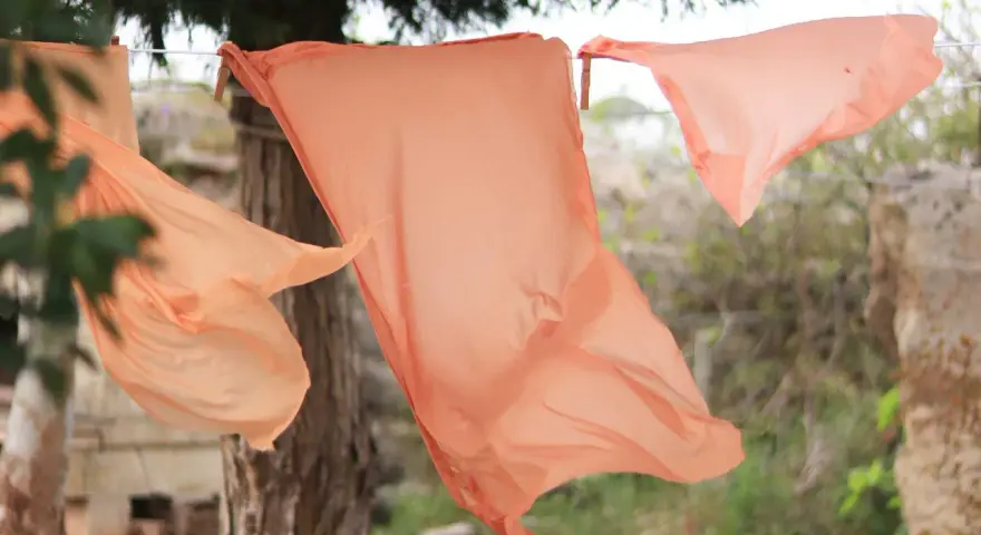 Panni di seta color pesca, stesi ad asciugare al vento. Un'immagine che evoca la delicatezza e i segreti su come smacchiare la seta.