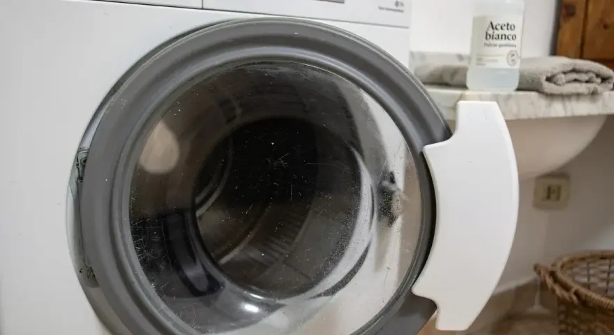 Dettaglio di una lavatrice con oblò aperto, pronto per un ciclo di pulizia con aceto bianco, per una vita media ottimale dell'elettrodomestico.