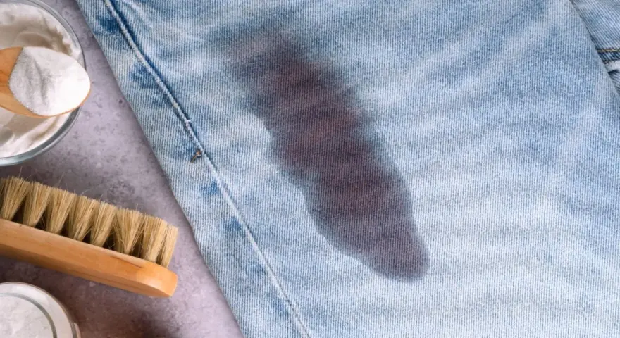 Macchia scura su jeans chiari, con bicarbonato e spazzola. Scopri come togliere il grasso dai jeans con rimedi naturali.