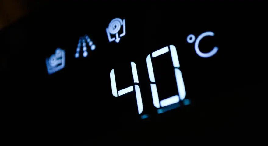 Display di una lavatrice con indicazione "40°C" e simboli di lavaggio. Ideale per capire cosa lavare a 40 gradi.