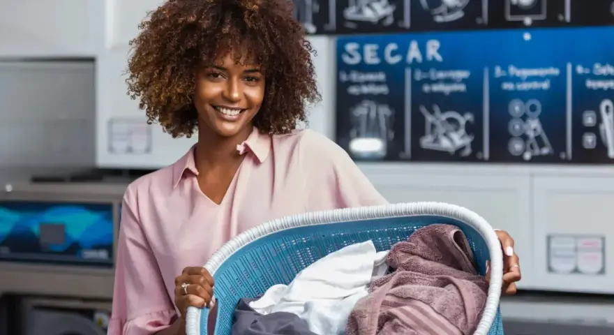 Donna sorridente con un cesto di panni in lavanderia, sperando che i suoi jeans si restringano in lavatrice.