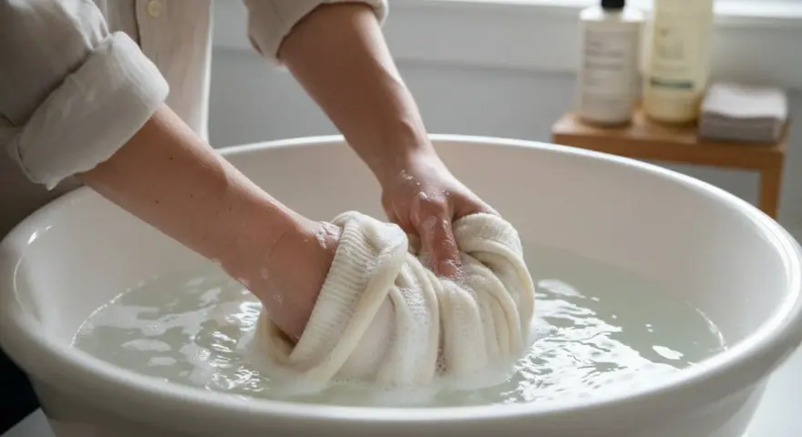 Mani che lavano delicatamente un maglione di cashmere in una bacinella, facendo attenzione che il cashmere si restringe se trattato male.