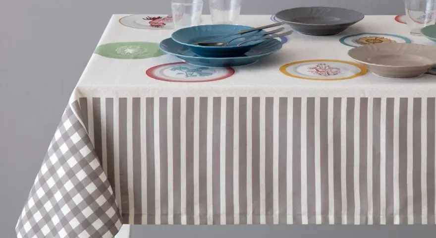 Tovaglia a righe e quadri con piatti colorati. Un'idea per sapere come smacchiare le tovaglie e mantenerle sempre perfette.