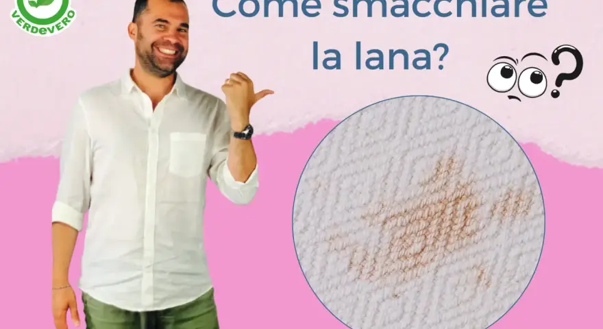 Uomo sorridente indica un ingrandimento di macchie gialle sulla lana bianca. Come smacchiare la lana?