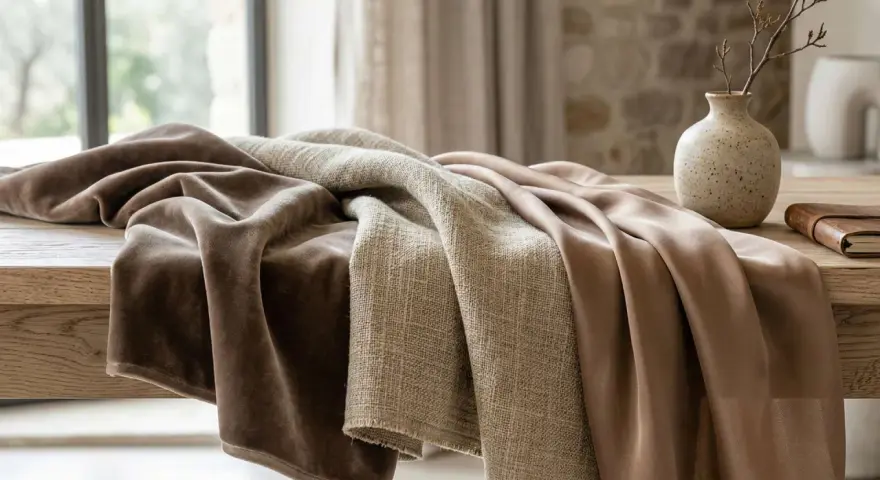 Tessuti morbidi e drappeggiati su un tavolo di legno. Il velluto è cotone, con una texture liscia e calda, accanto a un tessuto più grezzo e una seta lucida.