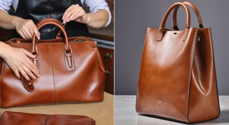 Guida su come lavare una borsa di tela e pelle, mostrando mani che la sistemano e un primo piano di una borsa in pelle marrone.