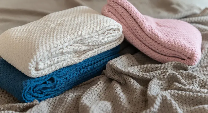 A pile of folded, knitted blankets in cream, blue, and pink, with a grey blanket spread out underneath.