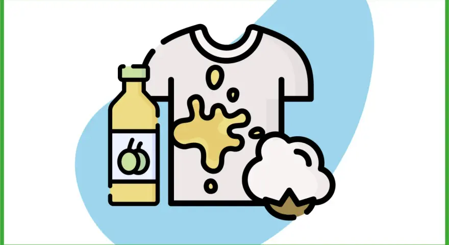Illustration of a stained t-shirt, a bottle of cleaning liquid, and a cotton ball.