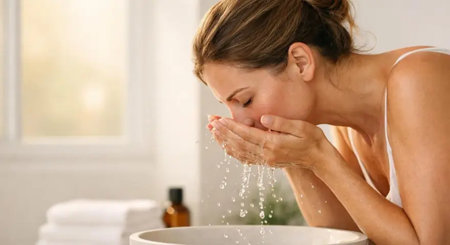 Donna si lava il viso con acqua, un gesto quotidiano per pulire e come smacchiare la pelle.