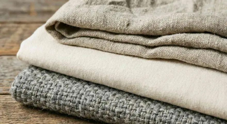 Tessuti impilati: lino grezzo, cotone chiaro e un tessuto grigio lavorato, che ricordano diversi tipi di velluto per la loro texture.