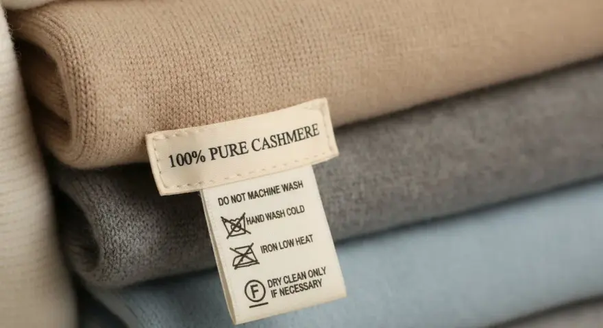 Pile di maglioni in cashmere. L'etichetta indica "100% PURE CASHMERE" e suggerisce il lavaggio a secco per preservare la morbidezza.