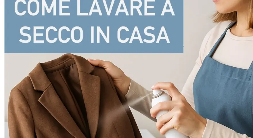 Donna spruzza un blazer marrone con uno spray per il lavaggio a secco in casa.