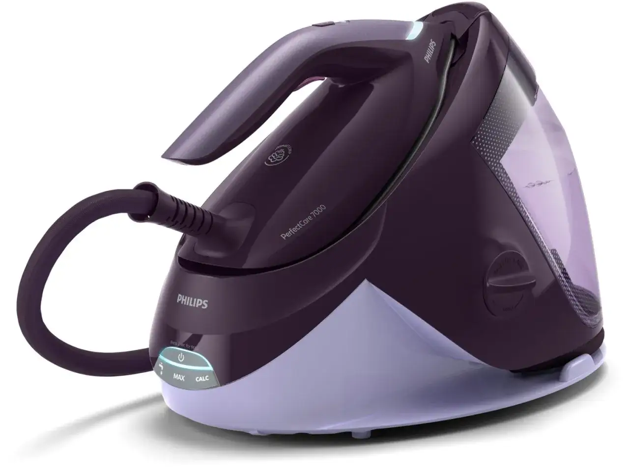 Ferro da stiro Philips PerfectCare 7000, viola, con serbatoio trasparente e tubo flessibile.