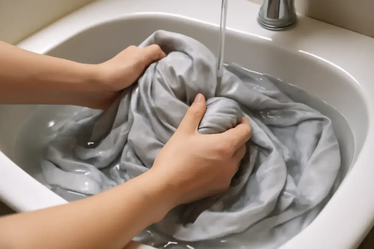 Mani che lavano un tessuto grigio in un lavandino, mostrando come lavare poliestere a mano con acqua corrente.