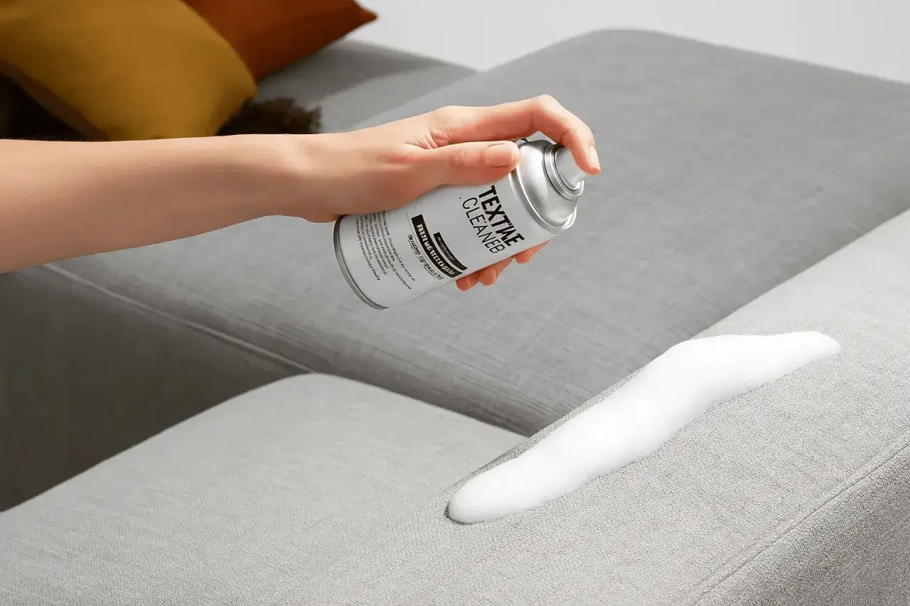 Mano spruzza detergente su macchie d'acqua su poliestere. Schiuma bianca si forma sul tessuto grigio del divano.
