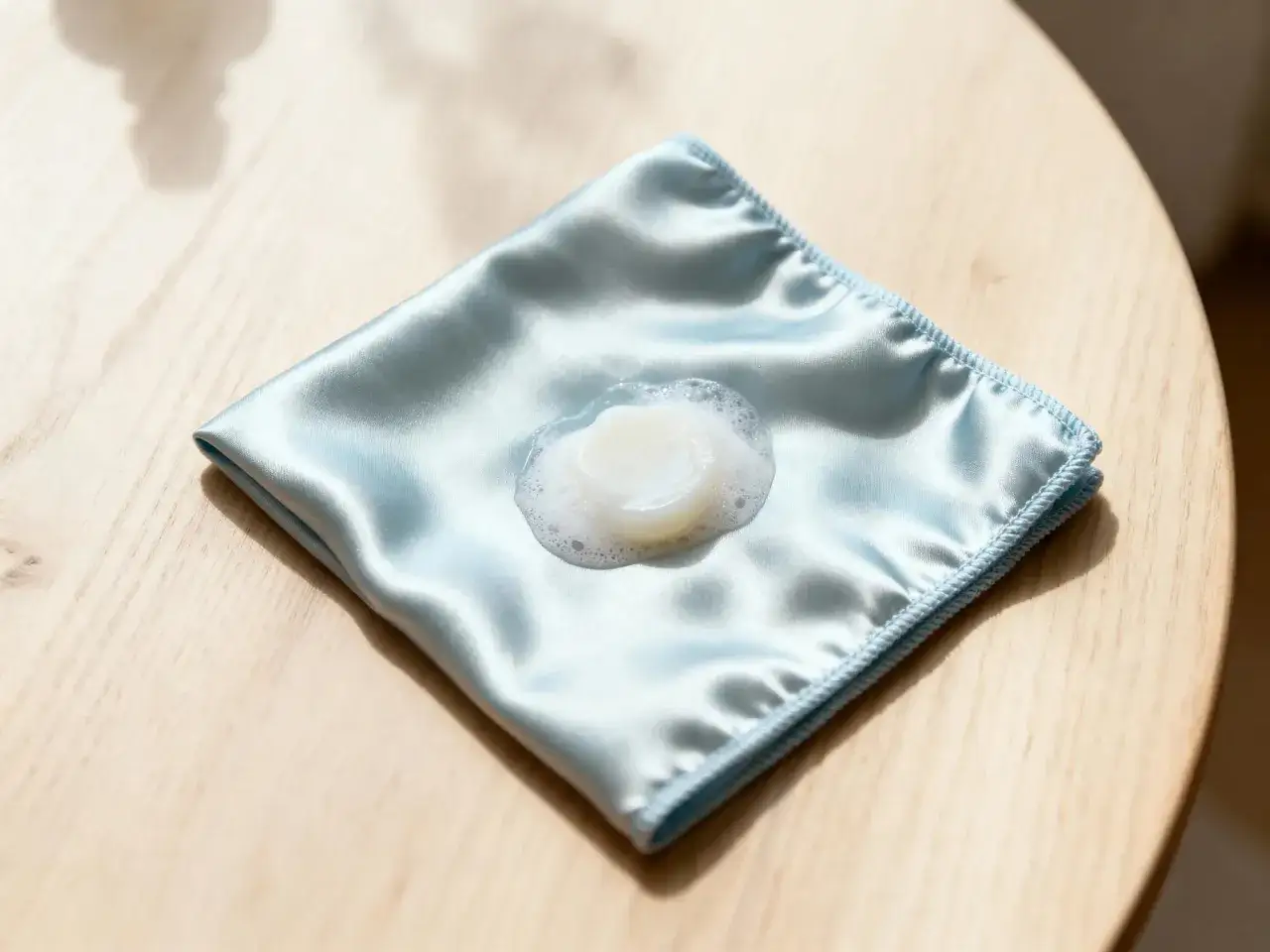 Un panno di seta azzurro con una macchia di sapone e schiuma. Un esempio pratico di come smacchiare la seta delicatamente.