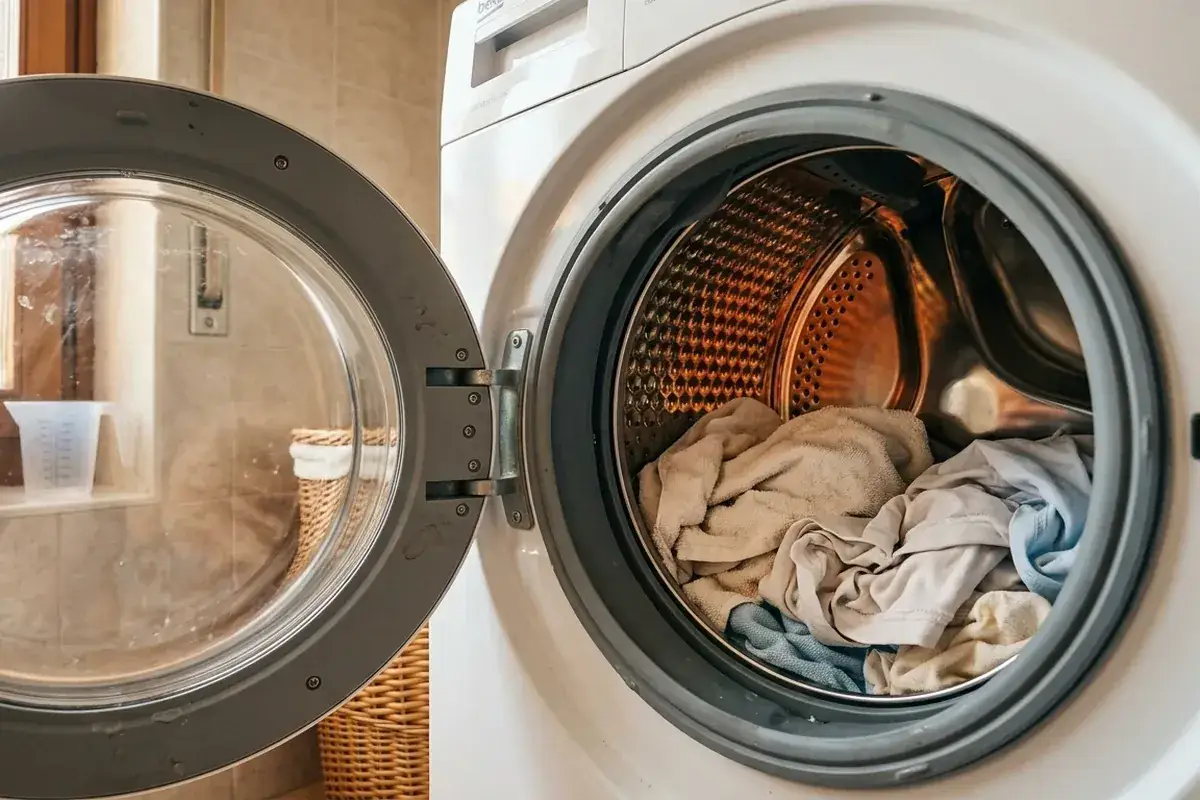 Oblò aperto di una lavatrice con panni pronti per un lavaggio rapido. Cesto in vimini sullo sfondo.