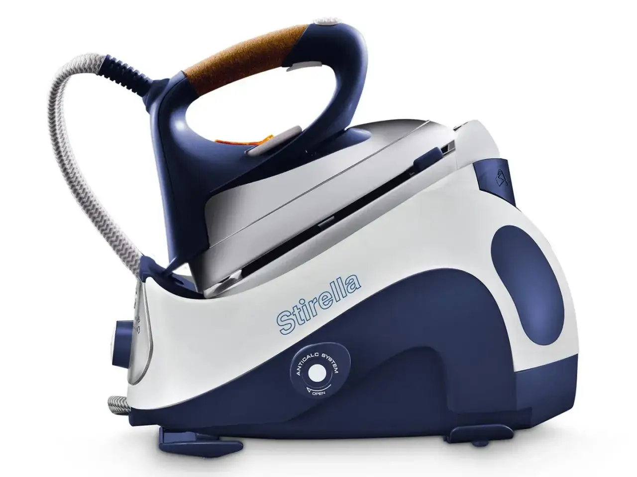 Stirella De Longhi Dual: un ferro da stiro a caldaia con base bianca e blu, manico ergonomico e cavo intrecciato.