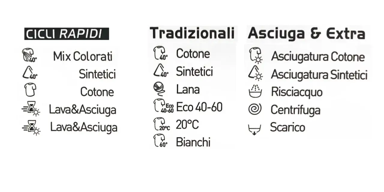 Programmi lavatrice: cicli rapidi, tradizionali e asciugatura. Opzioni come