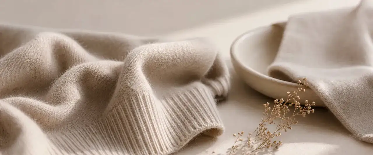 Morbido maglione di cashmere beige, piegato con cura. Attenzione, il cashmere si restringe se lavato male.