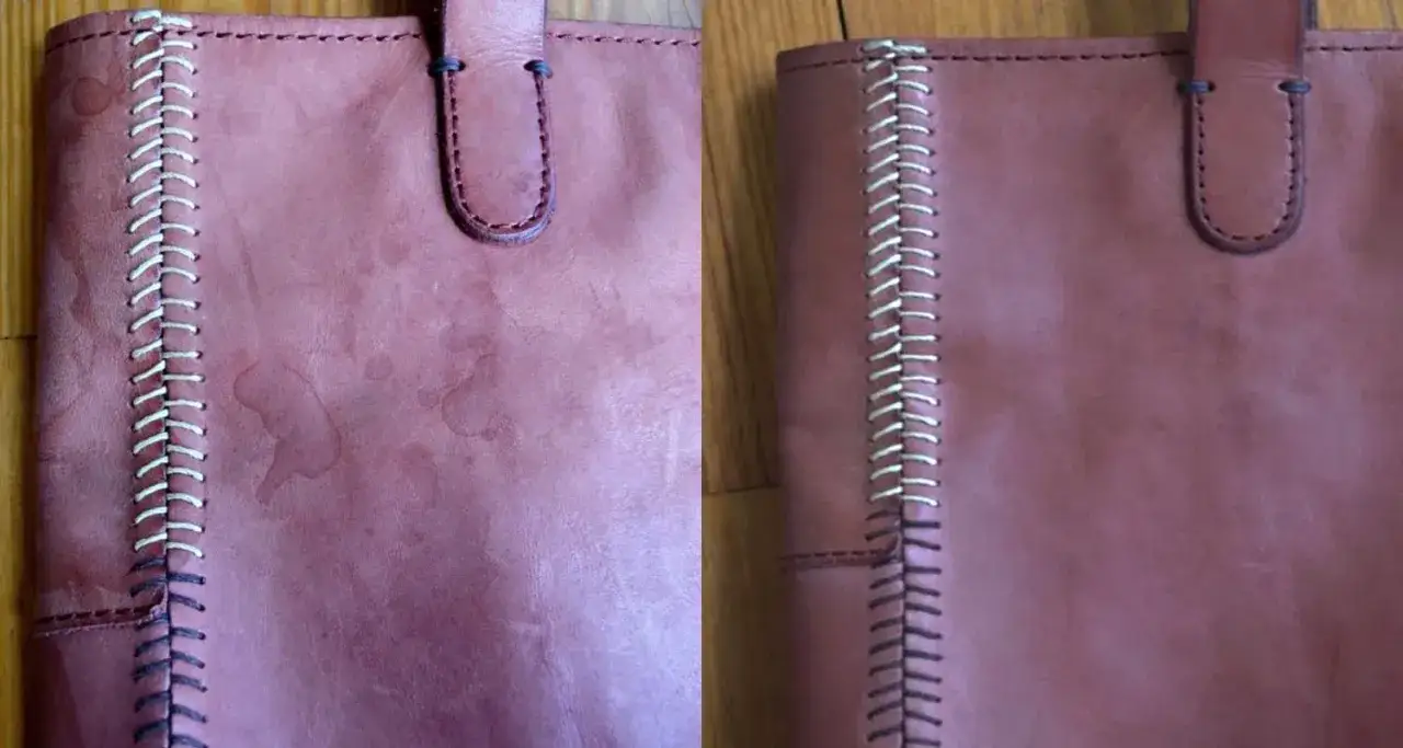 Borsa in pelle con macchie d'acqua a sinistra, pulita a destra.