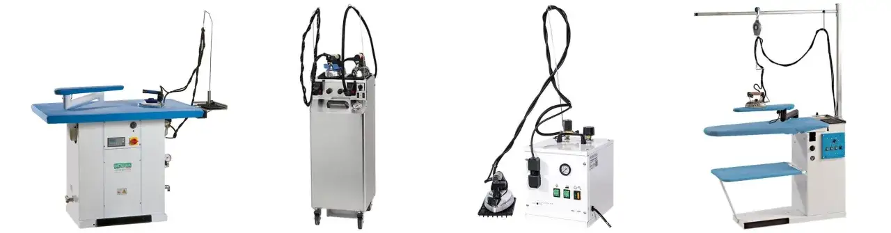 Quattro stirelle professionali, alcune con tavoli aspiranti e bracci per stirare, pronte per un uso intensivo.