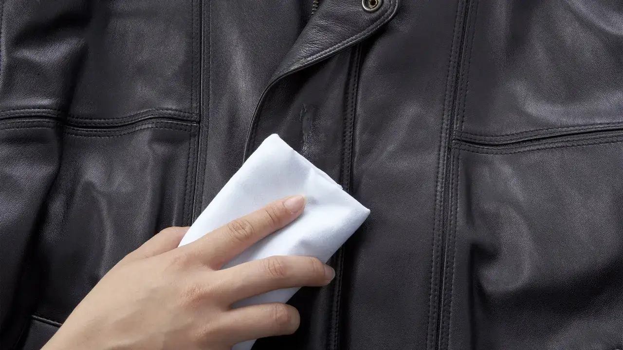 Mano che pulisce un giubbotto in pelle con un panno bianco. Non lavare giubbotto pelle lavatrice, ma puliscilo con cura.