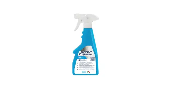 Flacone spray azzurro per rimuovere aloni e macchie nere dalle superfici. Ideale per dire addio ai pelucchi dal nero.