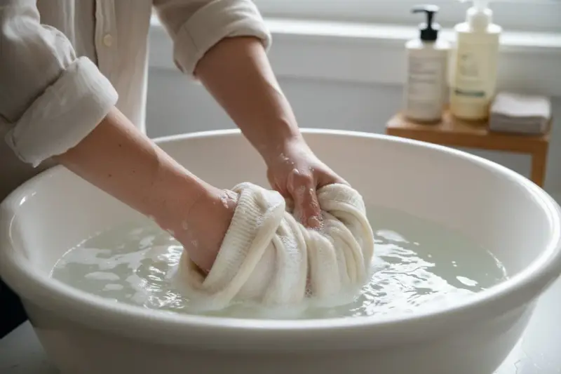 Mani che lavano delicatamente un maglione di cashmere in una bacinella, facendo attenzione che il cashmere si restringe se trattato male.