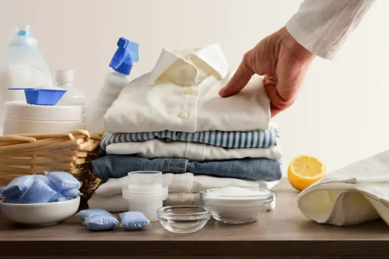 Mano indica una macchia su una camicia bianca, circondata da detersivi, bicarbonato per macchie di candeggina e limone.