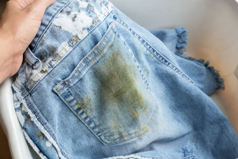 Jeans macchiati in lavatrice, con una grossa macchia verde-marrone sul retro.